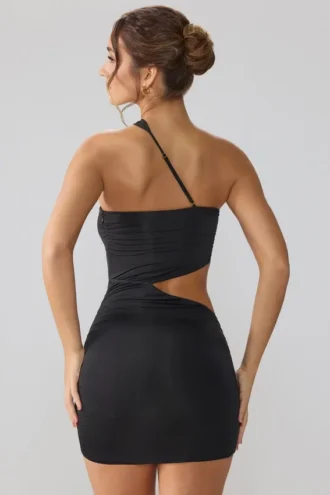 Vestido corto Shyla de jersey elástico con fruncidos y aberturas en negro