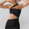 Vestido corto Shyla de jersey elástico con fruncidos y aberturas en negro
