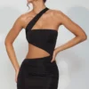 Vestido corto Shyla de jersey elástico con fruncidos y aberturas en negro