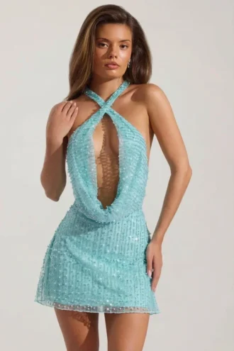 Vestido corto sin espalda con cuello vuelto y adornos Sylune en azul aguamarina