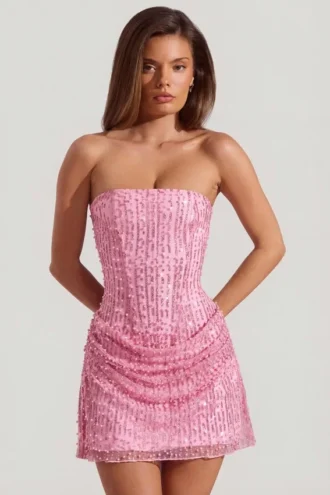 Vestido corto sin tirantes con drapeado y adornos Ziya en rosa