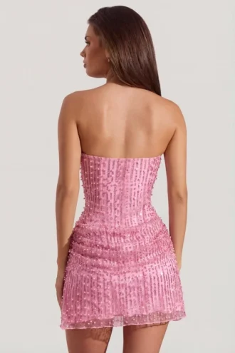 Vestido corto sin tirantes con drapeado y adornos Ziya en rosa