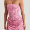 Vestido corto sin tirantes con drapeado y adornos Ziya en rosa