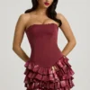 Vestido corto sin tirantes con volantes y corsé en capas «Juliet» con estampado floral granate