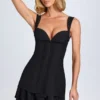 Vestido corto tipo corsé con volantes y botones Cassandra en negro