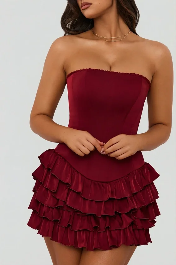 Vestido corto tipo corsé con volantes y volantes superpuestos Juliet en rojo baya
