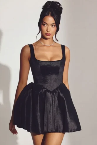 Vestido corto tipo corsé de tafetán tejido Sueno en negro azabache