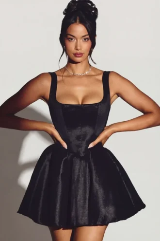 Vestido corto tipo corsé de tafetán tejido Sueno en negro azabache