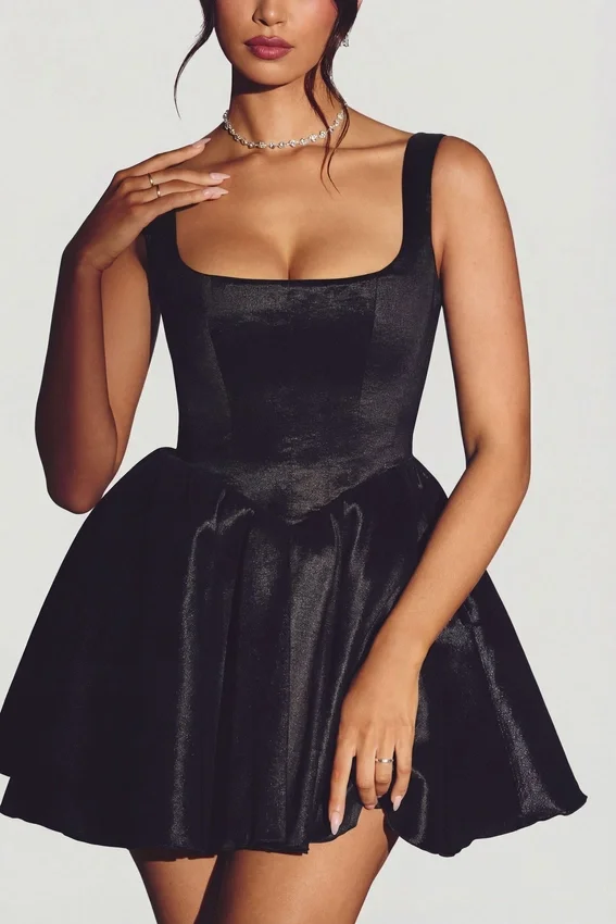 Vestido corto tipo corsé de tafetán tejido Sueno en negro azabache