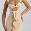 Vestido corto Zivanka de jersey elástico con aberturas y ribete de volantes en color crema