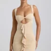 Vestido corto Zivanka de jersey elástico con aberturas y ribete de volantes en color crema