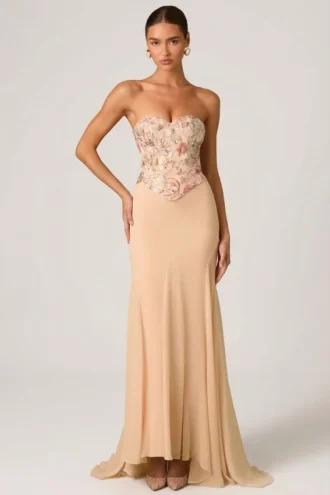 Vestido de cola de pez con corsé adornado Lysana en beige floral