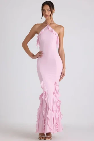 Vestido de cuello halter con volantes Mireya en rosa suave