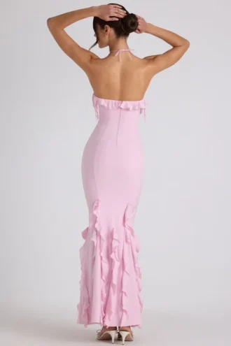 Vestido de cuello halter con volantes Mireya en rosa suave
