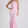 Vestido de cuello halter con volantes Mireya en rosa suave