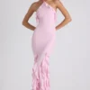 Vestido de cuello halter con volantes Mireya en rosa suave