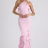 Vestido de cuello halter con volantes Mireya en rosa suave