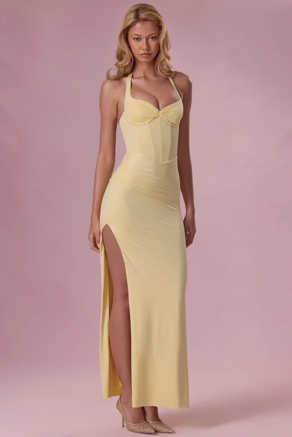 Vestido de dama de honor tipo corsé de jersey Olivette en amarillo mantequilla