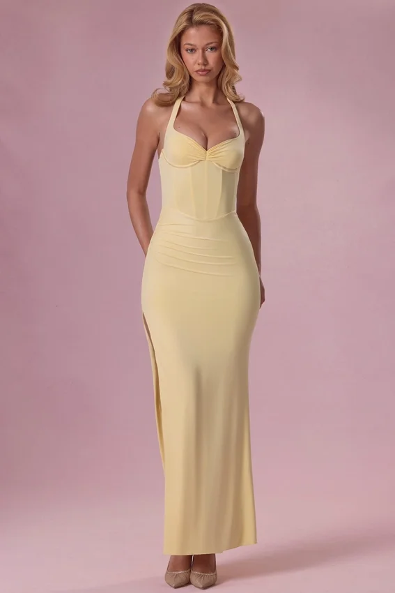 Vestido de dama de honor tipo corsé de jersey Olivette en amarillo mantequilla