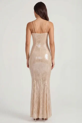 Vestido de encaje con cuello cuadrado adornado Sima en melocotón pálido