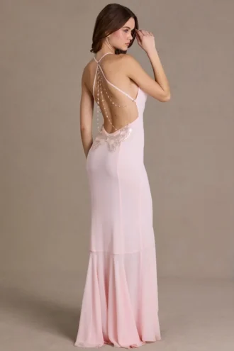 Vestido de gasa Emmeline con cuello vuelto y espalda abierta en rosa bebé