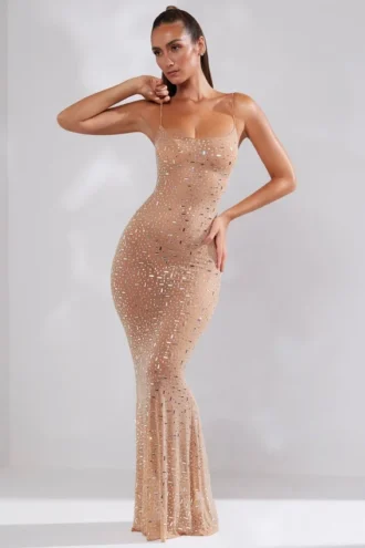 Vestido de noche Antonella con cuello redondo, adornos y tejido transparente en color almendra