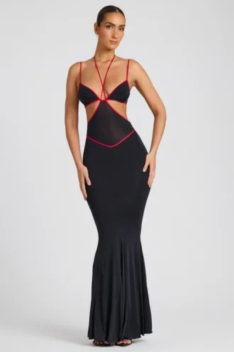 Vestido de noche Bella con ribete en contraste y aberturas en negro