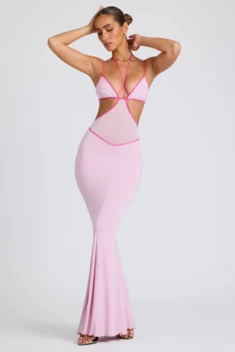 Vestido de noche Bella con ribete en contraste y aberturas en rosa suave