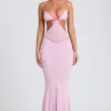 Vestido de noche Bella con ribete en contraste y aberturas en rosa suave