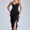 Vestido de noche con volantes y paneles Aurelie en negro