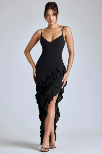 Vestido de noche con volantes y paneles Aurelie en negro