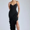 Vestido de noche con volantes y paneles Aurelie en negro