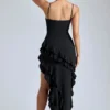 Vestido de noche con volantes y paneles Aurelie en negro