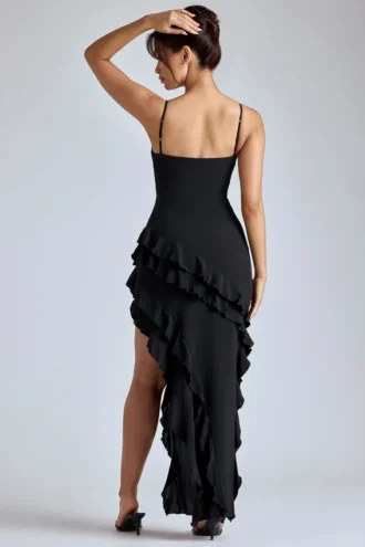 Vestido de noche con volantes y paneles Aurelie en negro