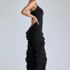 Vestido de noche con volantes y paneles Aurelie en negro