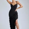 Vestido de noche con volantes y paneles Aurelie en negro