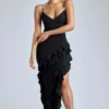 Vestido de noche con volantes y paneles Aurelie en negro