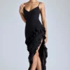 Vestido de noche con volantes y paneles Aurelie en negro