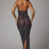Vestido de noche de cuello alto con adornos transparentes Soraya en azul marino