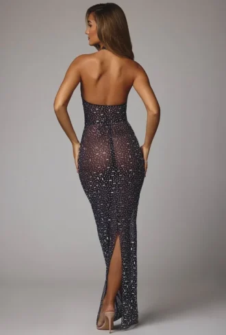 Vestido de noche de cuello alto con adornos transparentes Soraya en azul marino