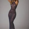Vestido de noche de cuello alto con adornos transparentes Soraya en azul marino