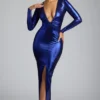 Vestido de noche de jersey metalizado de manga larga de Safiya en azul eléctrico