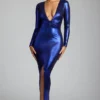 Vestido de noche de jersey metalizado de manga larga de Safiya en azul eléctrico