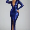 Vestido de noche de jersey metalizado de manga larga de Safiya en azul eléctrico