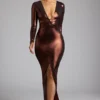 Vestido de noche Safiya de jersey metalizado de manga larga en color bronce cobrizo