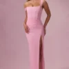 Vestido de novia con corsé drapeado de malla Naelle en rosa algodón de azúcar