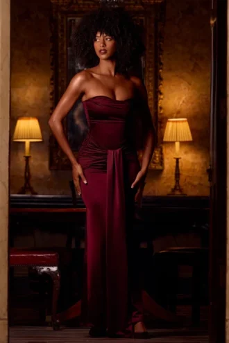Vestido drapeado bandeau con aberturas de satén Aisra en rojo vino