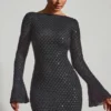 Vestido Grazina con espalda abierta y corte en A, adornado, en negro