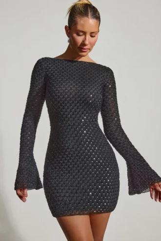 Vestido Grazina con espalda abierta y corte en A, adornado, en negro