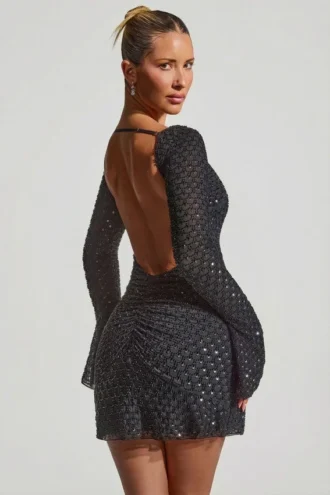 Vestido Grazina con espalda abierta y corte en A, adornado, en negro